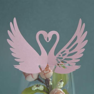 China Eco-friendly Elegant Wedding Decorations Materials Colorful Swan Couples Laser Cut Place Card Wine Glass Card Party Paper Decoration for sale