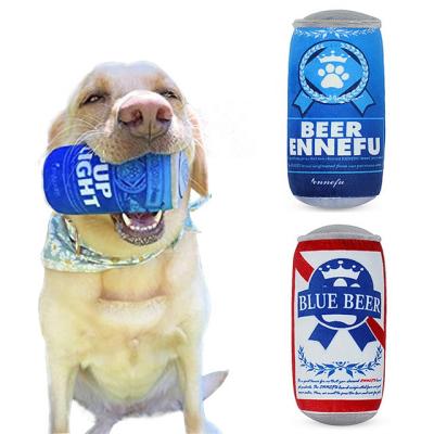 China Beer Can Shape Pet Viable Interactive Blue Puzzle Chewing Full Stuffed Plush Dog Squeaky Toy For Boredom Relief Gum Health for sale