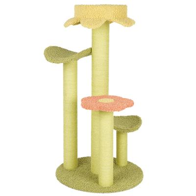 China Large Natural Wooden Flower Yellow Green Modern Viable Cat Climb House Fun Play Cat Tree for sale