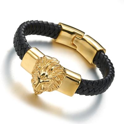 China 2022 Hiphop New Arrivals Stainless Steel Lion Head Bracelet Leather Rope Custom Men's Jewelry for sale