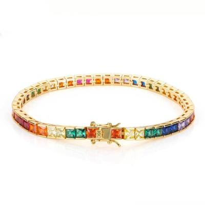 China Zircon Jewelry Color Tennis Chain Bracelet Copper Inlaid Color T Square Zircon Hippie Hiphop Jewelry Wholesale for sale