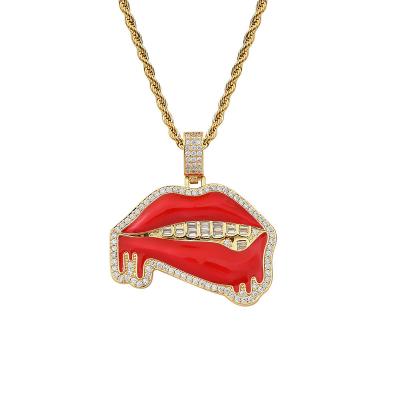 China HipHop Hot Red Lips Fast Delivery Vendor Inlay Micro Zircon 18K Gold Plating Chains Personality Retro Necklace for sale