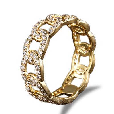 China Full Hiphop Personality Diamond Cuban Ring Trend Gold Row Diamond Hip Hop Style Copper Zircon Ring for sale