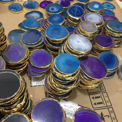 China Hot Selling Europe Natural Purple Agate Slice Holder Blue Coaster With Gold Silver Trim For Drinks Cup Holder Gift Set for sale