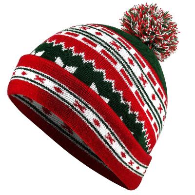 China COMMON Jacquard Adult Winter Custom Knit Christmas Beanie With Pom Pom Santa Claus Slouchy Knitted Santa Beanie Hat for sale