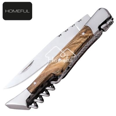 China Hunting Knife Handle Olive Wood Laguiole Folding Pocket Knife With Stainless Steel Corkscrew for sale