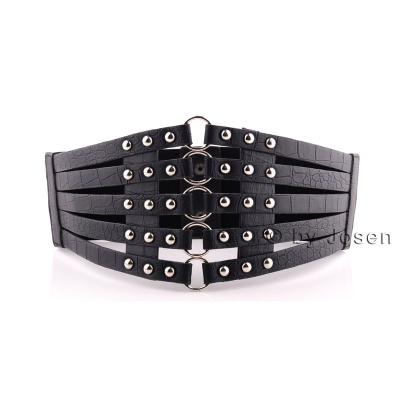 China Fashion.Casual Wholesale Personalized Punk Rivet Belt Hollow Faux Leather Women's Decoration Elastic Wide Belt Waist Seal for sale