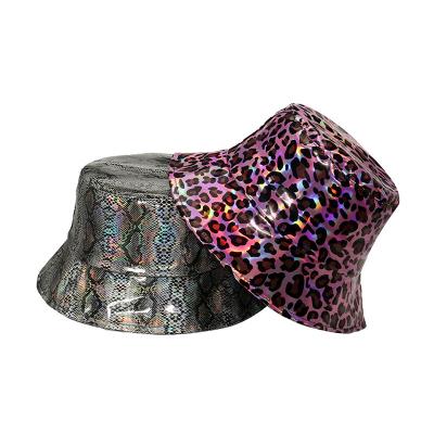 China Outdoor Wholesale Python Pattern Women PU Leather Snakeskin Double Side Solid Color Blank Patterned Unisex Men Bucket Fisherman Hat for sale