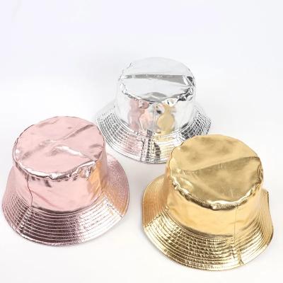 China Outdoor High Quality Style Fisherman's Hat PU Leather Gold Silver Pink Double-sided Bucket Hat For Women Men for sale