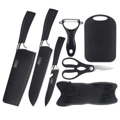 China Viable Wholesale 7 PCS Plastic Black Handle Stainless Steel Kitchen Accessories Knife Sets Kitchen Knives Set With Cutting Board for sale