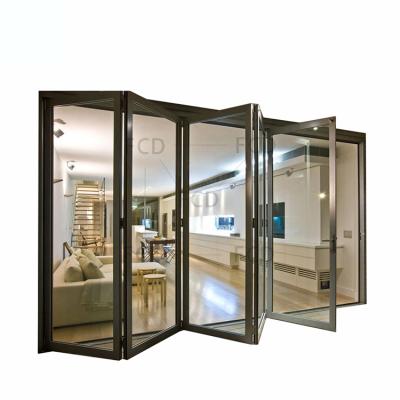 China Customizable Narrow Wood Frame Design Patio Villa Balcony Accordion Sliding Glass Aluminum Bifold Folding Door Grain Windproof for sale