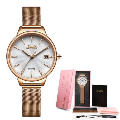 China Stainless Steel Wrist Mesh Rose Gold Waterproof Ladies Watch Date SUNKTA 6663 Quartz Movement High Quality Women Automatic Wristwatches Small for sale