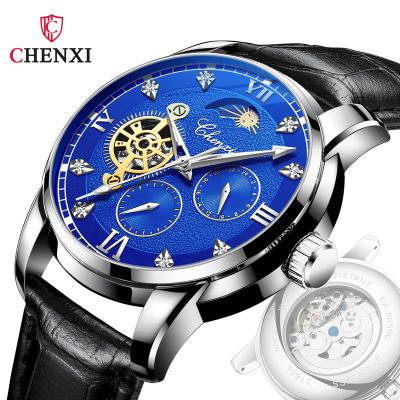 China CHENXI 8859 Luxury Genuine Leather Strap Black Watches Automatic Men Shape Skeleton Wristwatch For Cool Boys for sale