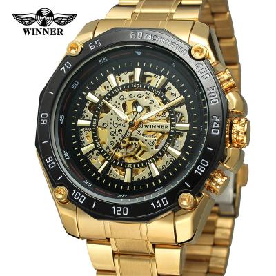 China Custom Gold Logo Luxury Mechanical Skeleton Stainless Steel Wristwatches Men's Cavity Transparent Automatic Watch Winner 8068 Water Resistant for sale