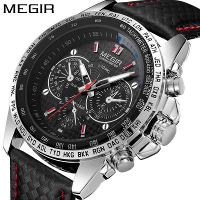 China MEGIR brand G date luminous men's wristwatch 1010 sports leather belt multi-function original top automatic fake three eyes high quality for sale