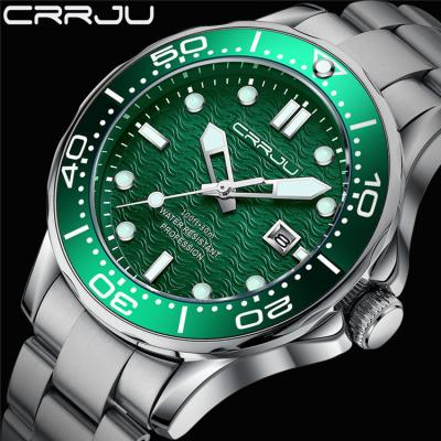 China Classic Day/Date Luminous Green Dial Hand Men's Quartz Watch Stainless Steel Band Japan Movement Date Display Wrist Watch CRRJU 2192 for sale