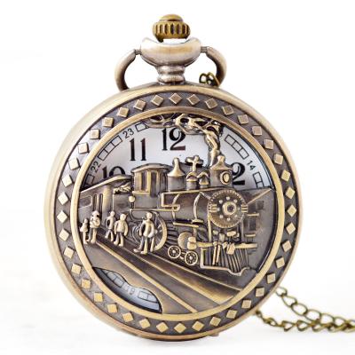 China Retro Classic Antique Bronze Quartz Train Quartz Old Pocket Watch Numeral Analogue Pocket Watch Strap With Chain 012 for sale