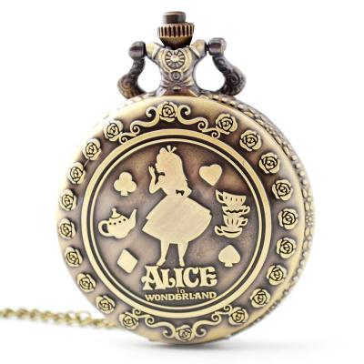 China Modern Newcomer Alice in Wonderland Pocket Watch Quartz Bronze Pocket Watch with Long Chain Best Gift for Women Men boshiya 001 for sale