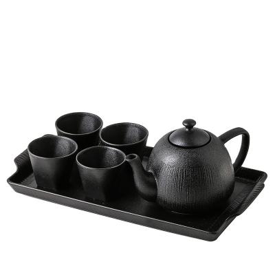 China Matt Ceramics Kettles Set Viable Black Waterpot Under Glazed Drinkware 6pcs Teapot Tea Cup Set With Tray for sale