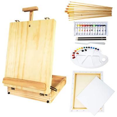 China For Kids Drawing Artist Set Painting Set With Easel Box Wooden Painting Table Kits Stretched Canvas Drawing Set for sale