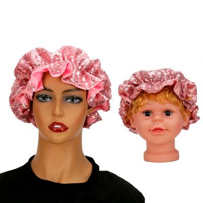 China Fashion Glitter SATIN Female Sleep Bath Hood 2 Layer Satin Hoods Sequins Hood Extension Wig Hairs for sale