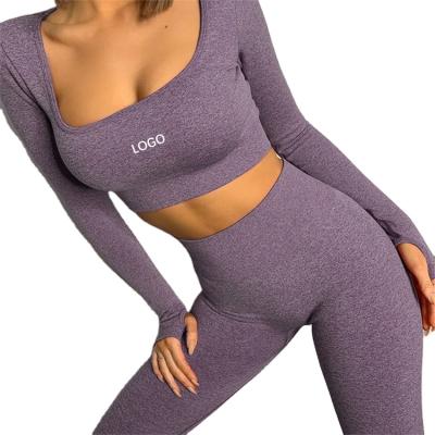 China Wholesale Antibacterial Plus Size Gym Women Long Sleeve Yoga Sets Ladies Sport Leggings And Gym Top Sets for sale