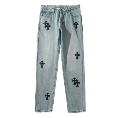 China New Embroidery Spring Italian Spandex/Cotton High End Jeans Men's Light Blue Elastic Slim Feet Casual Long Pants for sale