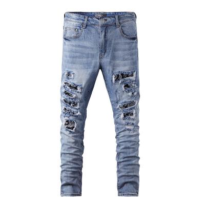 China Breathable American Trend Street Culture Extreme Sports Stretch Ripped Yellow Mud Dyed Vintage Jeans Patched Jeans for sale