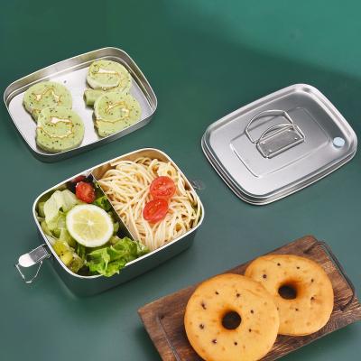 China Fresh Preservation Wholesale 2 Lattice Rectangle Kids Bento Food Storage Container Stackable Metal 304 Stainless Steel Camping Lunch Box for sale