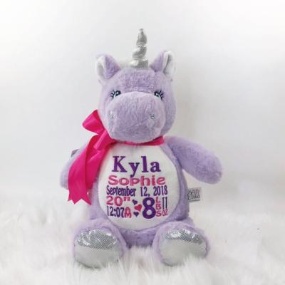 China Plush personalized plush unicorn, embroidered plush, birth announcement for sale