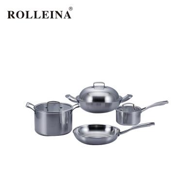 China Sustainable Newcomer Tri Ply Stainless Steel Cooking Pot And Pan Cookware Set for sale