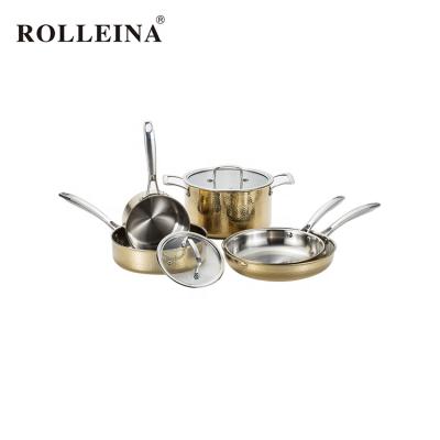 China Viable Various Sizes Kitchen Accessories Triple Plated Gold Hammered Frying Pan Cookware Set for sale