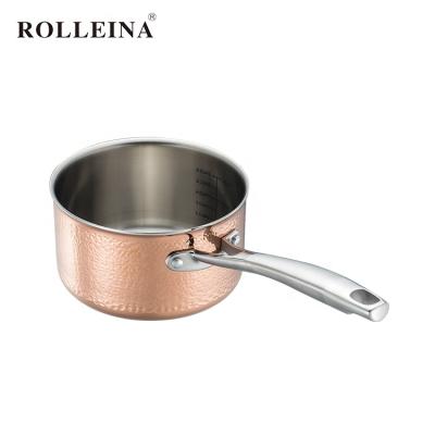 China Viable Food Grade Restaurant Milk Warming Pot Triple Plated Copper Sauce Pan With Lid for sale