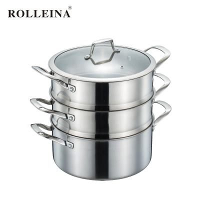 China Sustainable Multifunctional 3 Layers Stainless Steel Trifold Steamer Pot With Glass Lid for sale