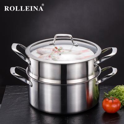 China Sustainable Wholesale Tri Ply Stainless Steel German Kitchen Cooking Food Pan Three-Layer Steamer Pot for sale