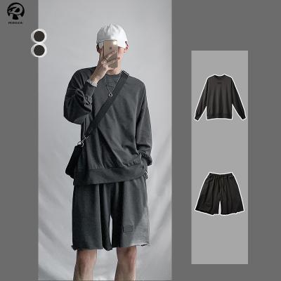 China Custom Made Breathable Oversized Cotton Crewneck O Neck Moq Sweatshirt Sweater And Thick Shorts Set Men for sale