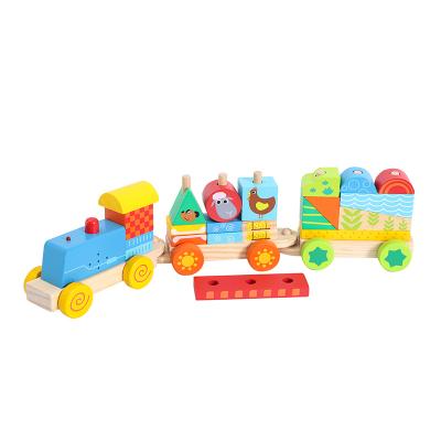 China New Safe Educational Wooden Train Toy Wooden Toy Building Train Wooden Noise and Light Building Block Train Toy for sale