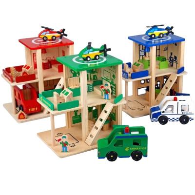 China Children Learn DIY Wooden Children Pretend Game Toys Cosplay Simulation Hut Police Department Wooden Toys for sale