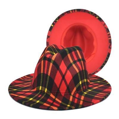 China Decorate Fashion Women's Plaid Striped Two Tone Fedora Hat Wool Felt Hat Autumn Winter Panama Jazz Hat for sale