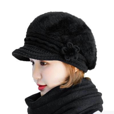 China COMMON Winter Warm Hat For Lady Solid Wool Knitted Cap Female Cap Vintage Camel Flower Rabbit Fur Beret Mum Women Hats for sale