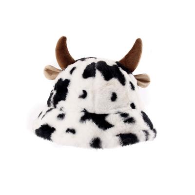 China breathable & Cow Pattern Fisherman Hat Girl Horn Lovely Waterproof Warm Bucket Hat Autumn And Winter Lamb Plush Hat for sale