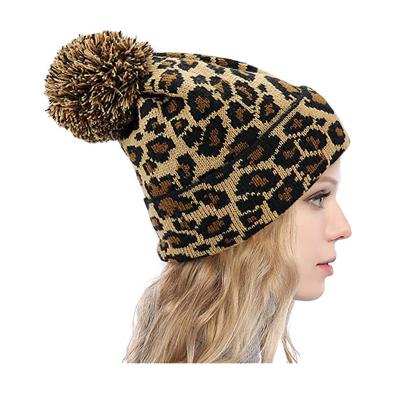 China breathable & Autumn And Winter Women Fur Ball Hat New Fashion Winter Leopard Print Wool Waterproof Knitted Hat for sale