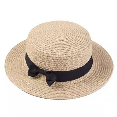 China Straw Bucket Hat Solid Sun Women's Summer Sun Protection Hats Girls Ribbon Bow Flat Top Beach Hat for sale