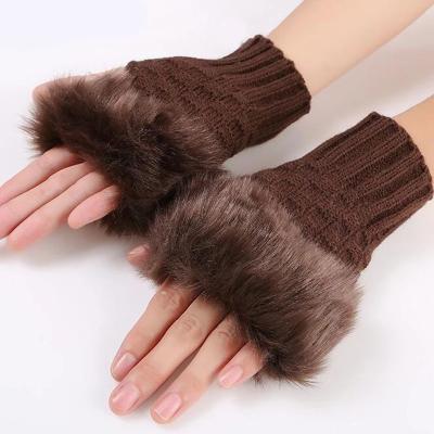 China Simple Winter Knitting Cute Fur Knitted Soft Lady Fingerless Fur Mittens Women Faux Rabbit Mittens for sale