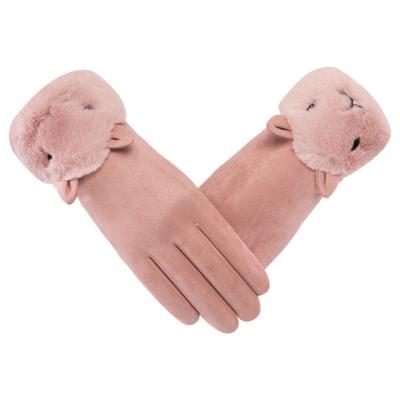 China Touch Screen Winter Plush Double Mittens Women's Recycling Suede Touchscreen Bear Cute Warm Thick Cashmere Female Driving Mittens for sale