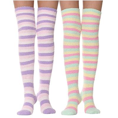 China Breathable Thigh High Fuzzy Socks Over Knee High Striped Stocking Fluffy Comfortable Fleece Gift Socks for sale