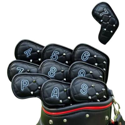 China Protect Golf Club Head 9pcs/set Golf Iron Cover Lychee Pattern Leather Embroidered Rivets Headcovers for sale