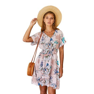 China Summer Boho Style Lady Anti-Static V-neck Floral Printed Splice Ruffled Waist Dress Women Casual Dress for sale