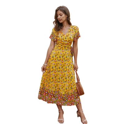 China New Fashion Beach Dress Casual V-Neckline A Line Anti-Static Lace-Up Short Sleeve Printed Women Midi Split Dress for sale