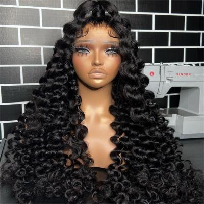 China Loose Wave 180% Density Cheap HD Transparent Lace Front Wig,Glossy Deep Curly Wave Raw Hair Lace Wig,Pre Pluck Lace Wig for Black Women for sale